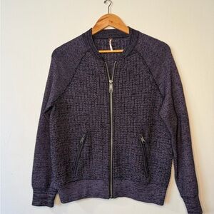 Free People Textured Knit Zip Up Jacket Small Purple Marled Bomber Boho Cozy